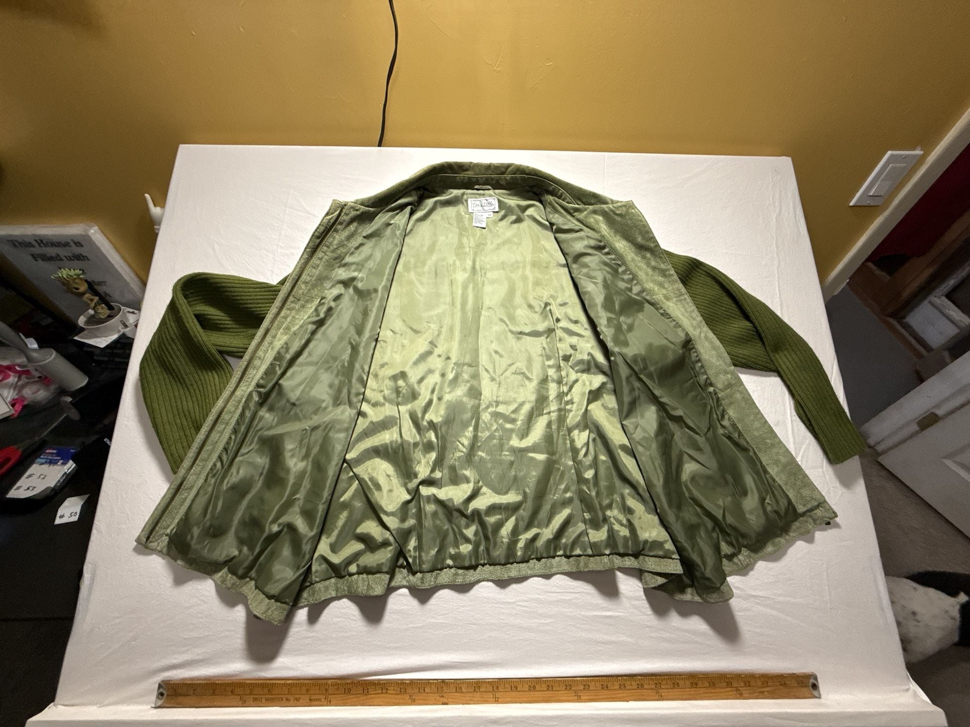 Live a Little Suede Leather Jacket Size 3X Green Knit Sleeves 10