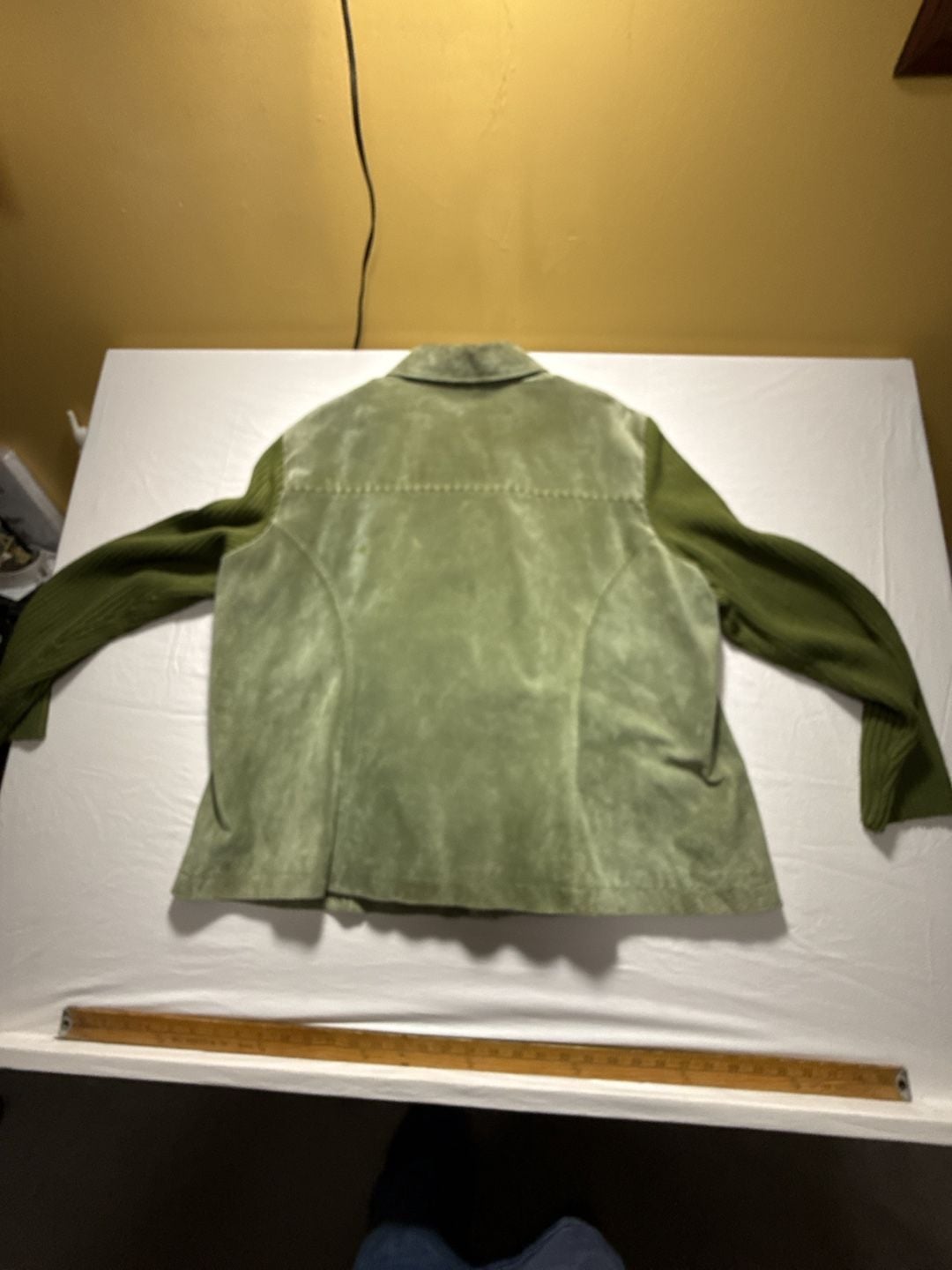 Live a Little Suede Leather Jacket Size 3X Green Knit Sleeves 12