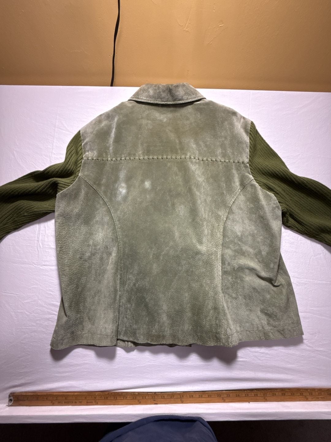 Live a Little Suede Leather Jacket Size 3X Green Knit Sleeves 13