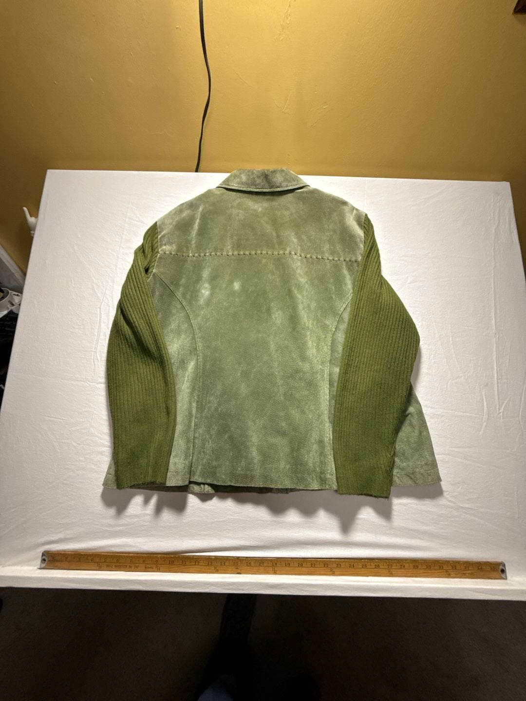 Live a Little Suede Leather Jacket Size 3X Green Knit Sleeves 14