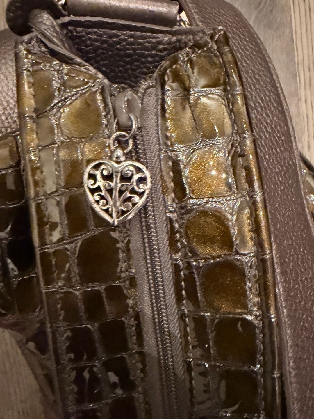 Brighton Croc Embossed Patent Leather Shoulder Bag Bronze 8