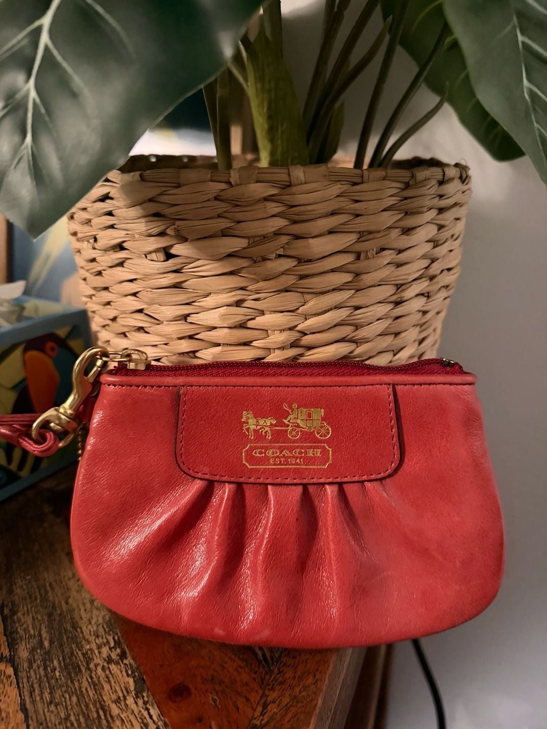 Coach Pleated Leather Wristlet Red Coin Purse 2