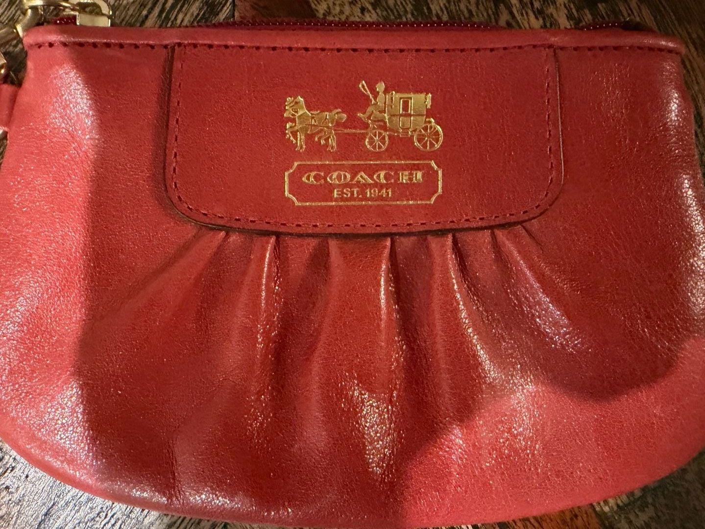 Coach Pleated Leather Wristlet Red Coin Purse 4