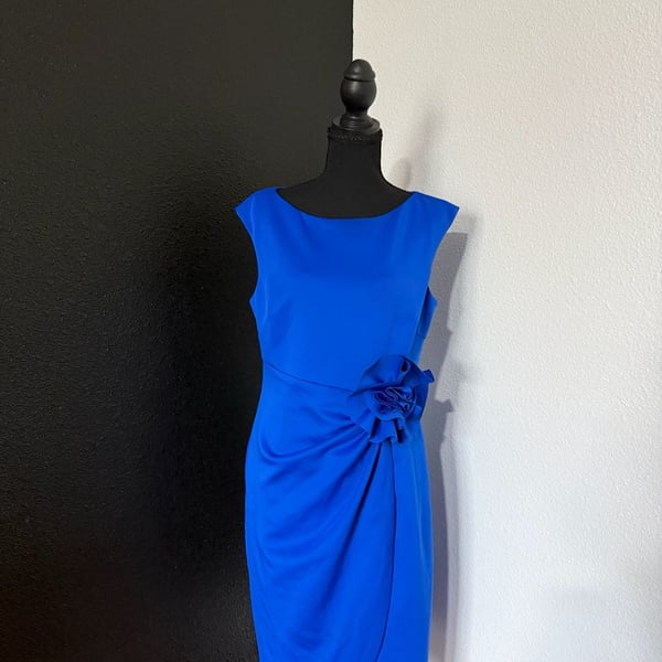 Jessica Howard Sheath Dress Size 12 Cobalt Blue Floral Waist Accent