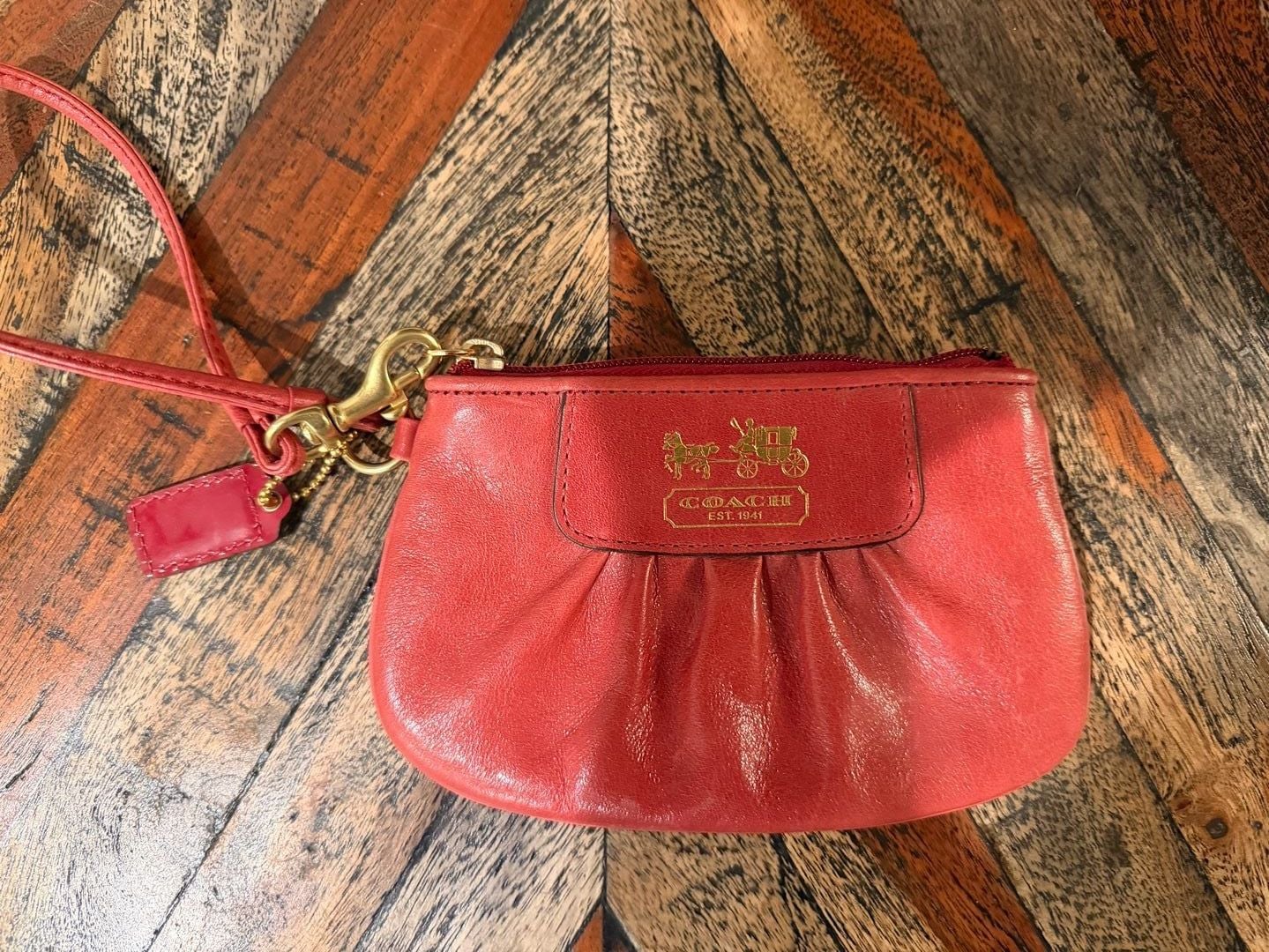 Coach Pleated Leather Wristlet Red Coin Purse 5