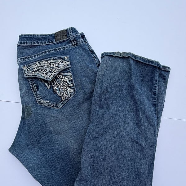 Love Indigo Jeans Size 18 Blue Denim Embellished Flap Pockets Bootcut