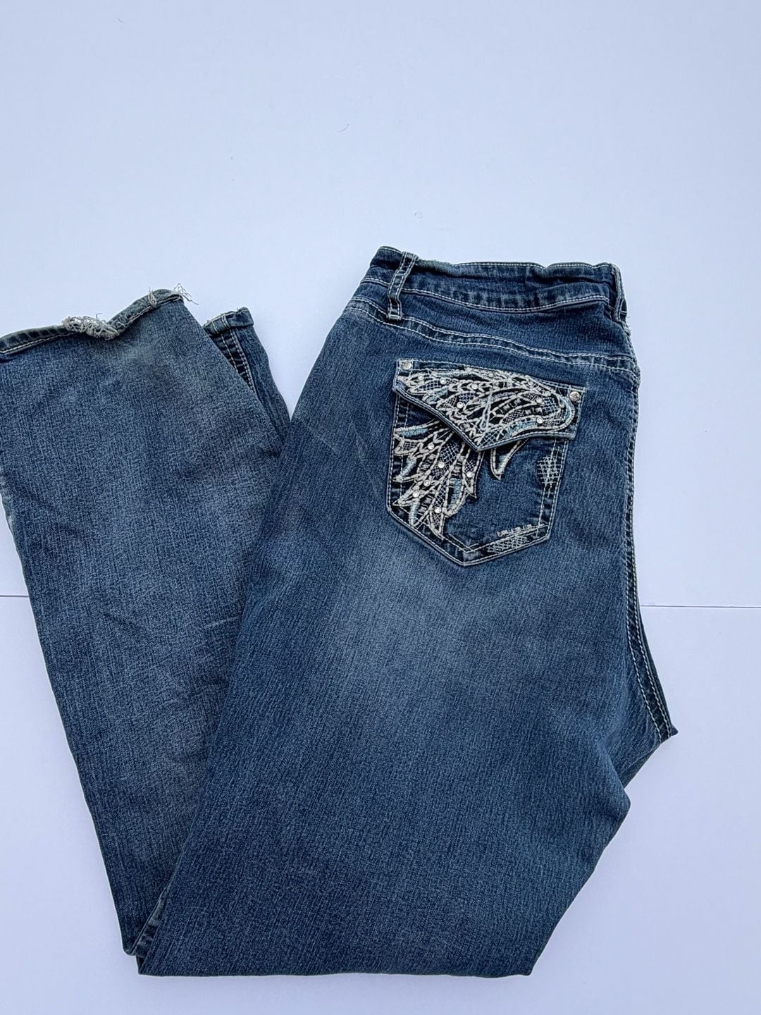 Love Indigo Jeans Size 18 Blue Denim Embellished Flap Pockets Bootcut 4
