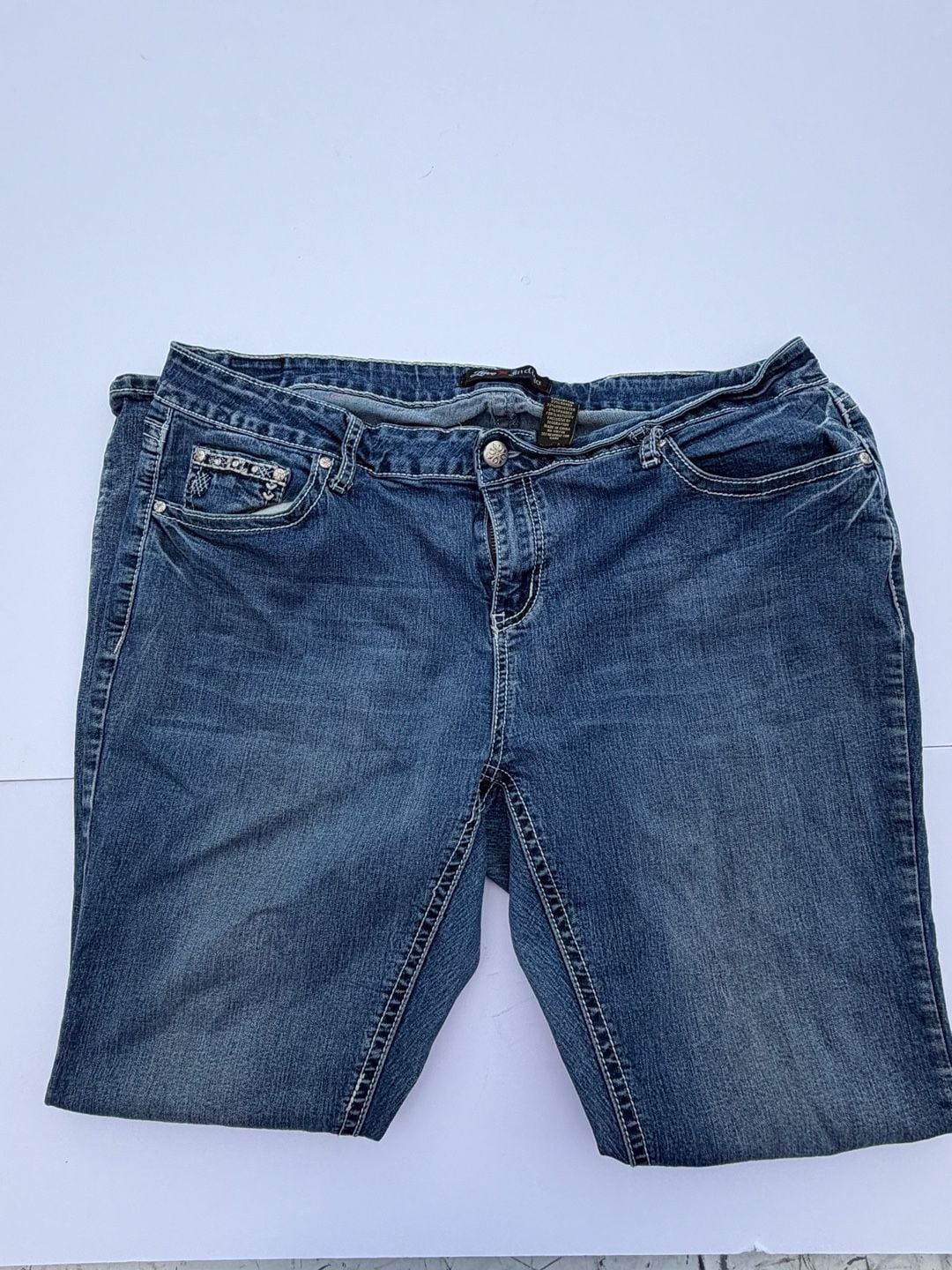 Love Indigo Jeans Size 18 Blue Denim Embellished Flap Pockets Bootcut 5