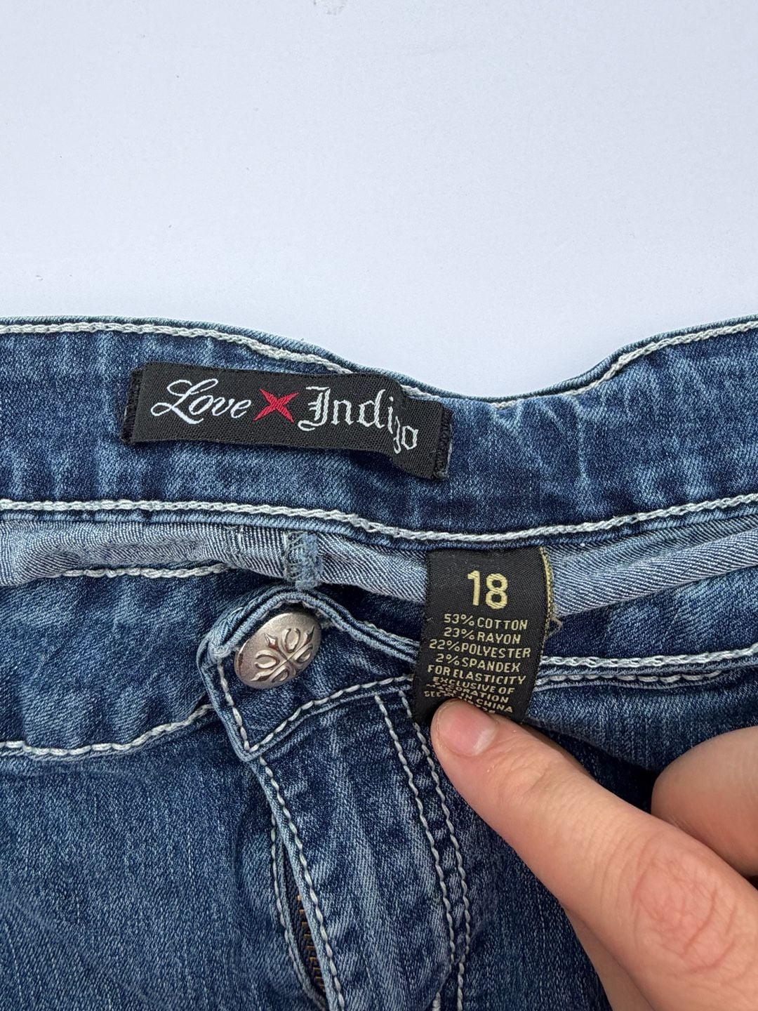 Love Indigo Jeans Size 18 Blue Denim Embellished Flap Pockets Bootcut 7
