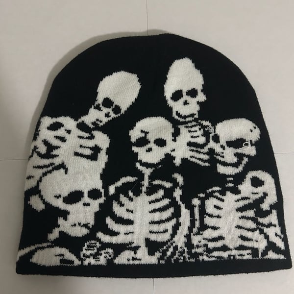 Unisex Y2K Skeleton Party Knitted Beanie Hat Black and White Gothic Grunge Skull Cap