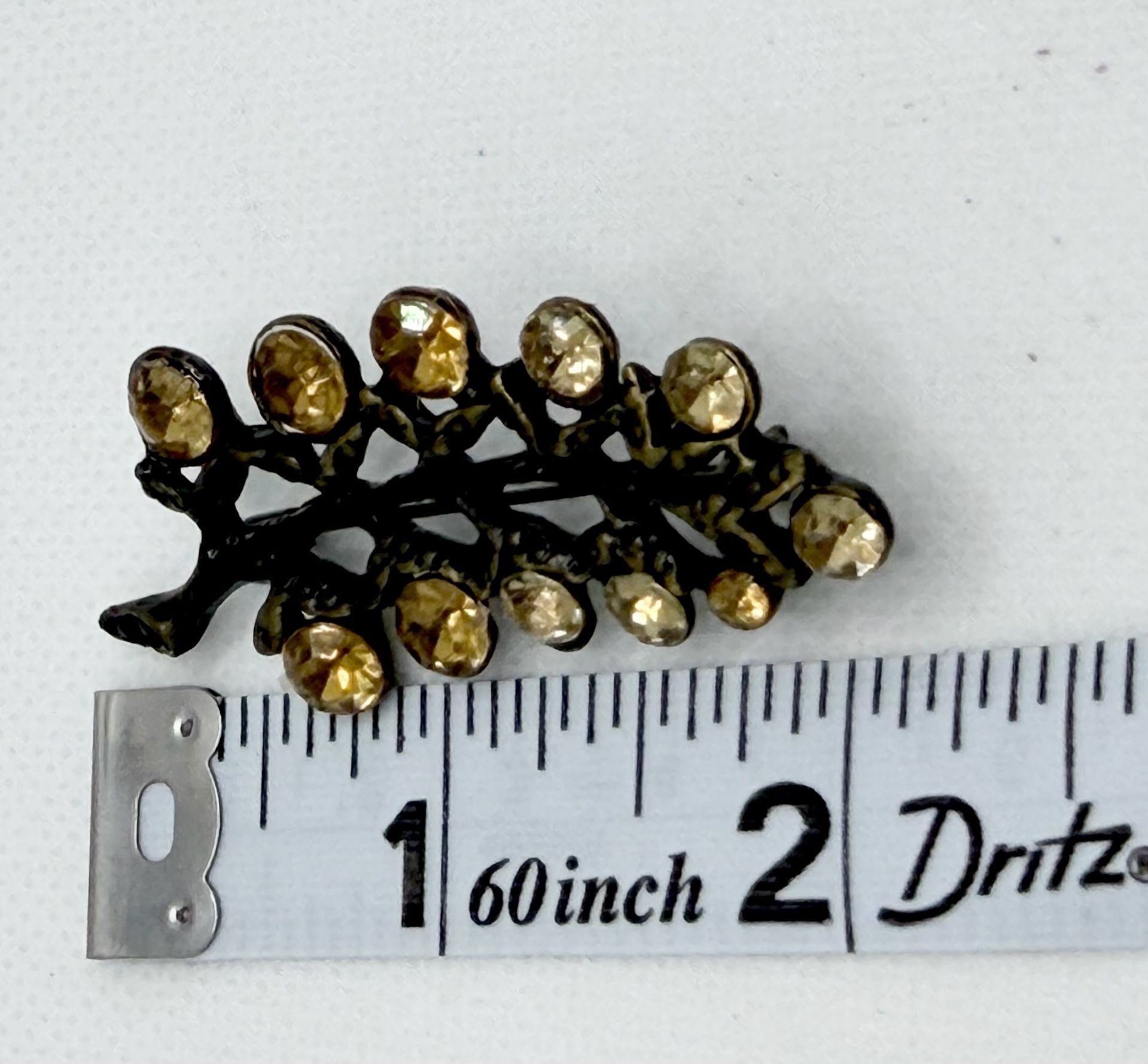 Vintage Black Japanned Metal Rhinestone Leaf Branch Brooch Pin 4