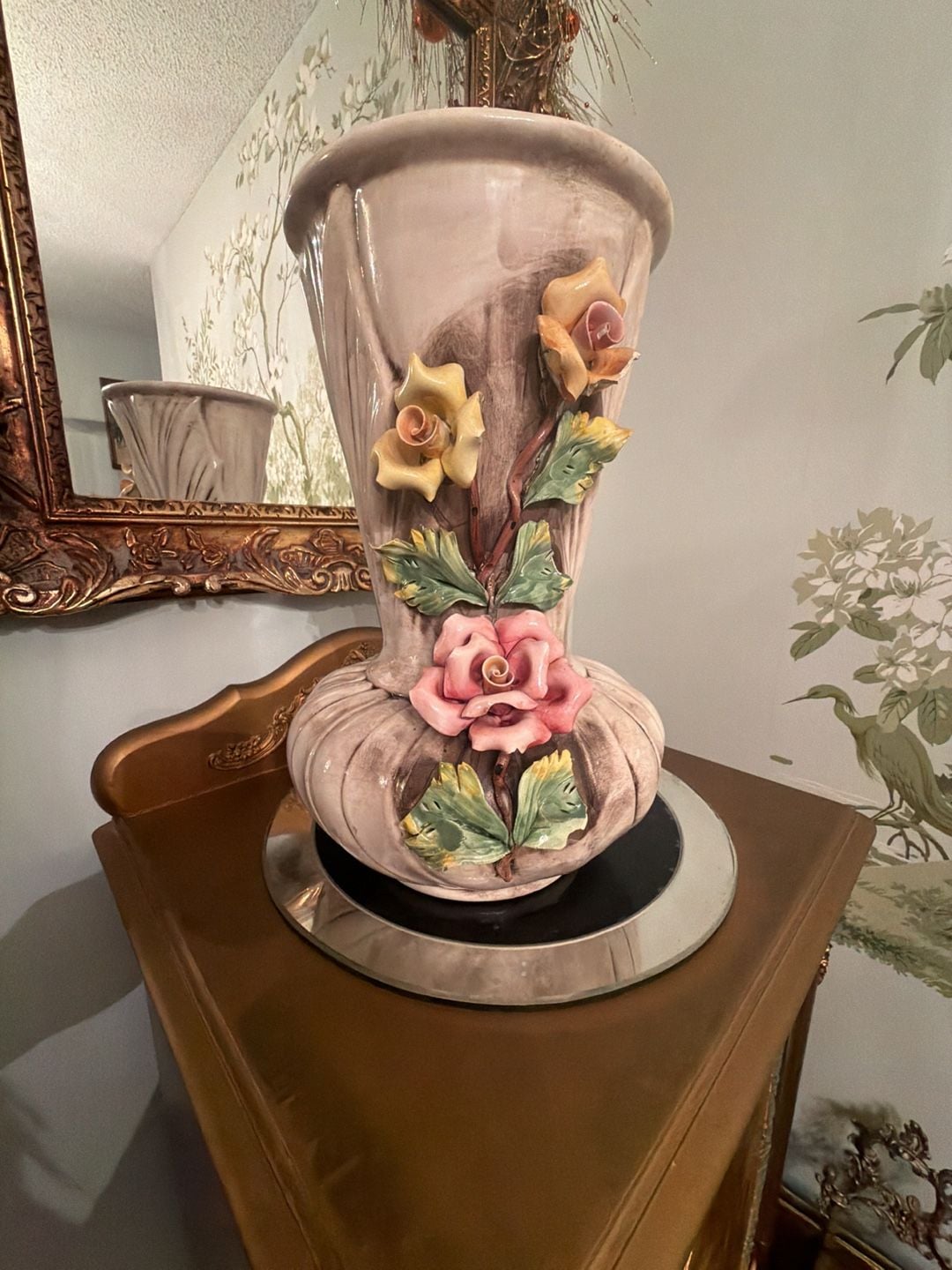 Capodimonte Vintage Italian Porcelain Floral Vase Applied Roses Sculptural 1