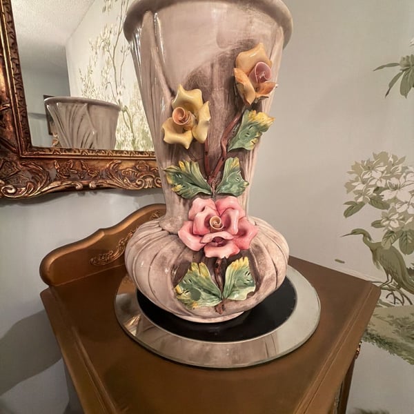 Capodimonte Vintage Italian Porcelain Floral Vase Applied Roses Sculptural