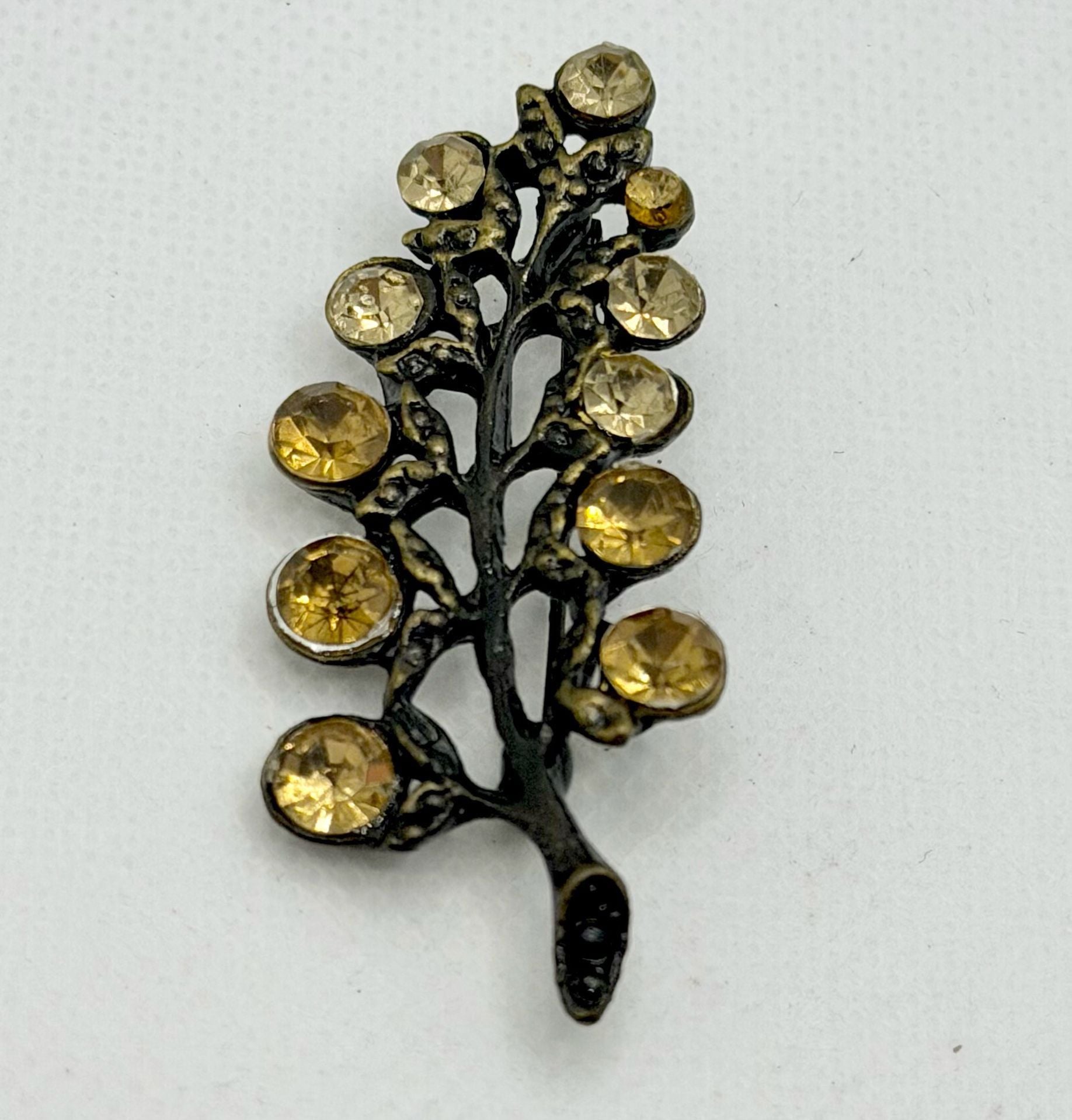 Vintage Black Japanned Metal Rhinestone Leaf Branch Brooch Pin 2