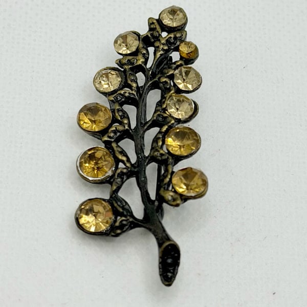 Vintage Black Japanned Metal Rhinestone Leaf Branch Brooch Pin