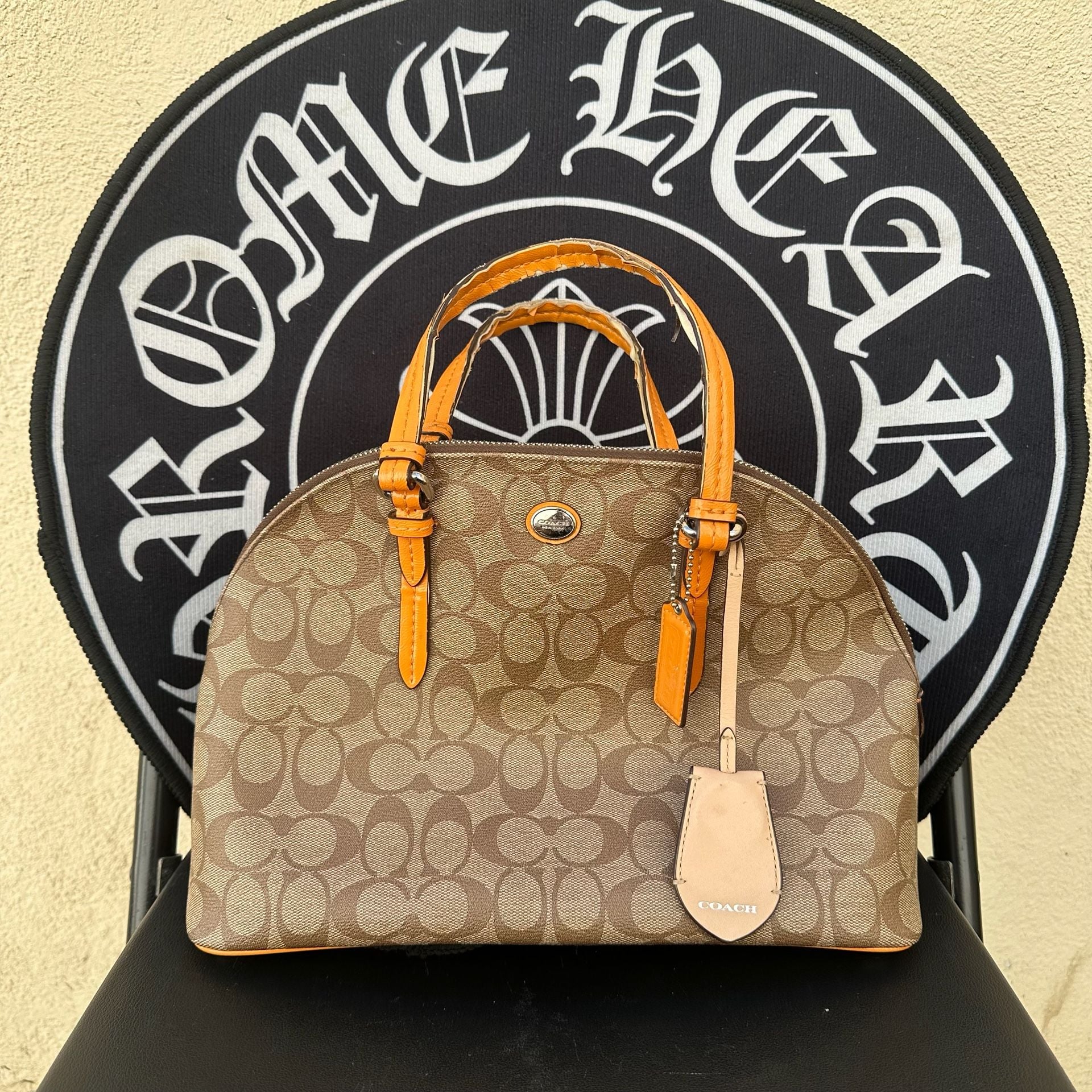 Coach Peyton Signature Cora Domed Satchel (Khaki/Tangerine) 2