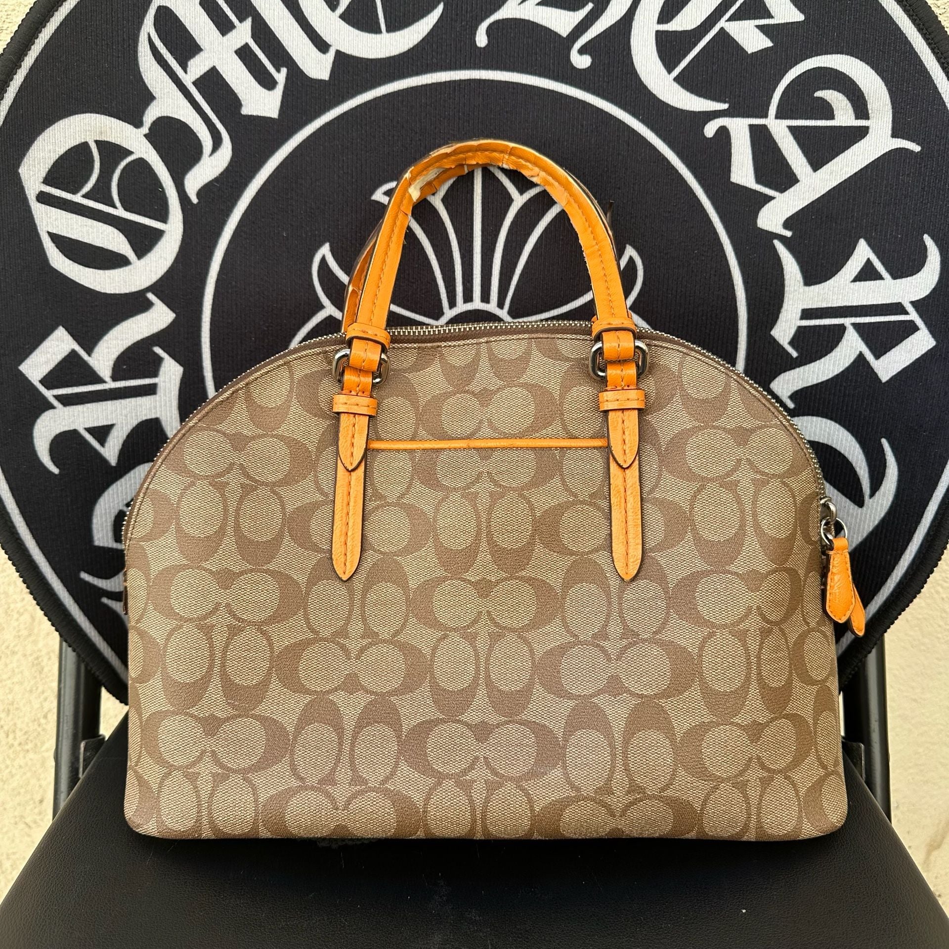 Coach Peyton Signature Cora Domed Satchel (Khaki/Tangerine) 3
