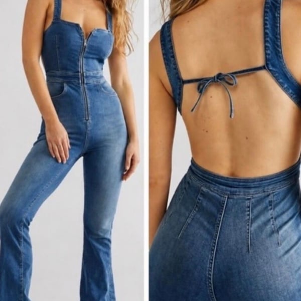 We The Free Crvy 2nd Ave Bootcut Fit Jumpsuit Size 6 Blue Denim