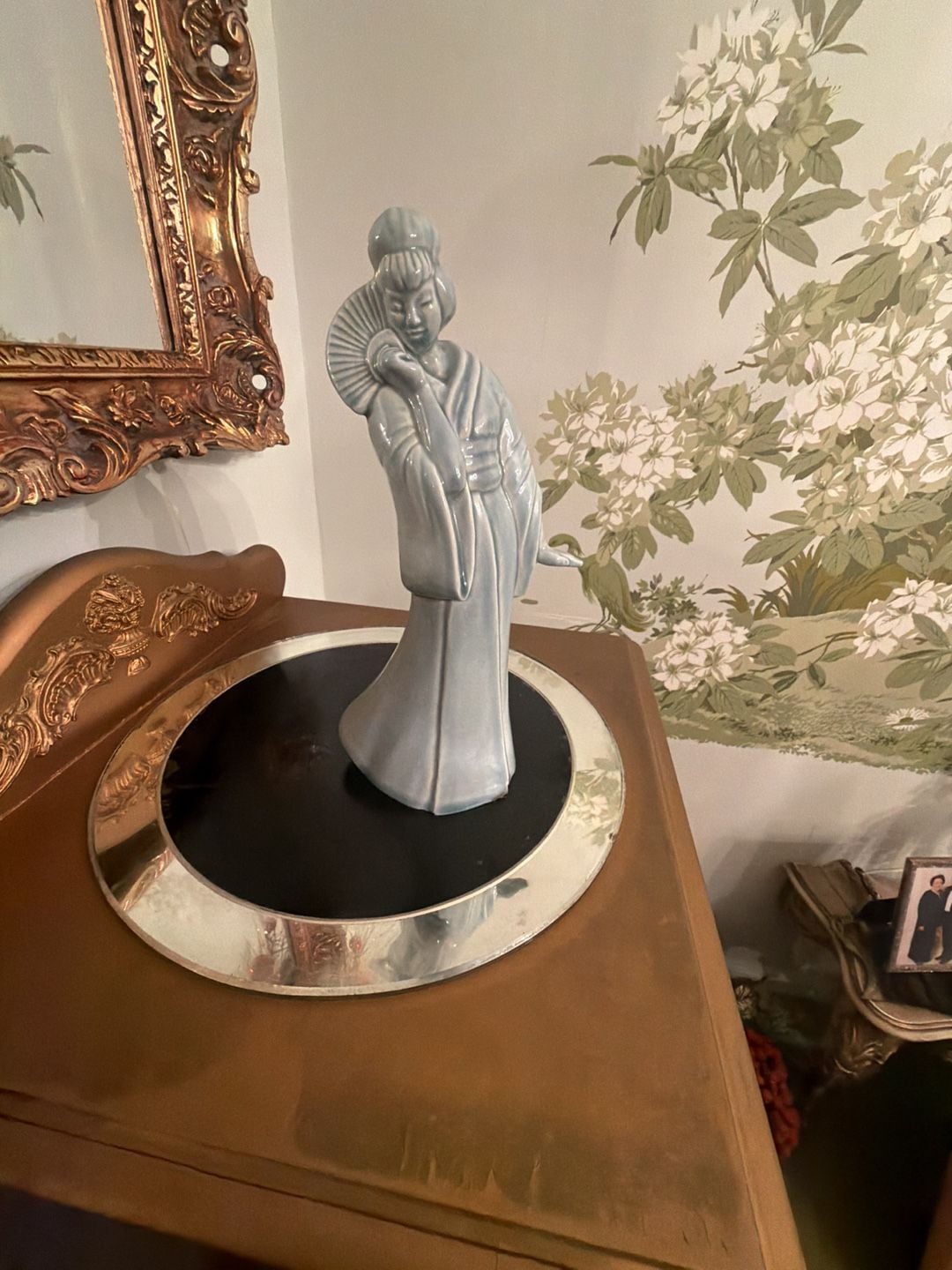 Vintage Ceramic Geisha Figurine Blue Glaze Kimono with Fan 1