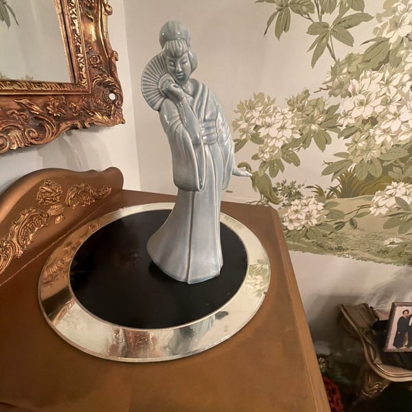 Vintage Ceramic Geisha Figurine Blue Glaze Kimono with Fan