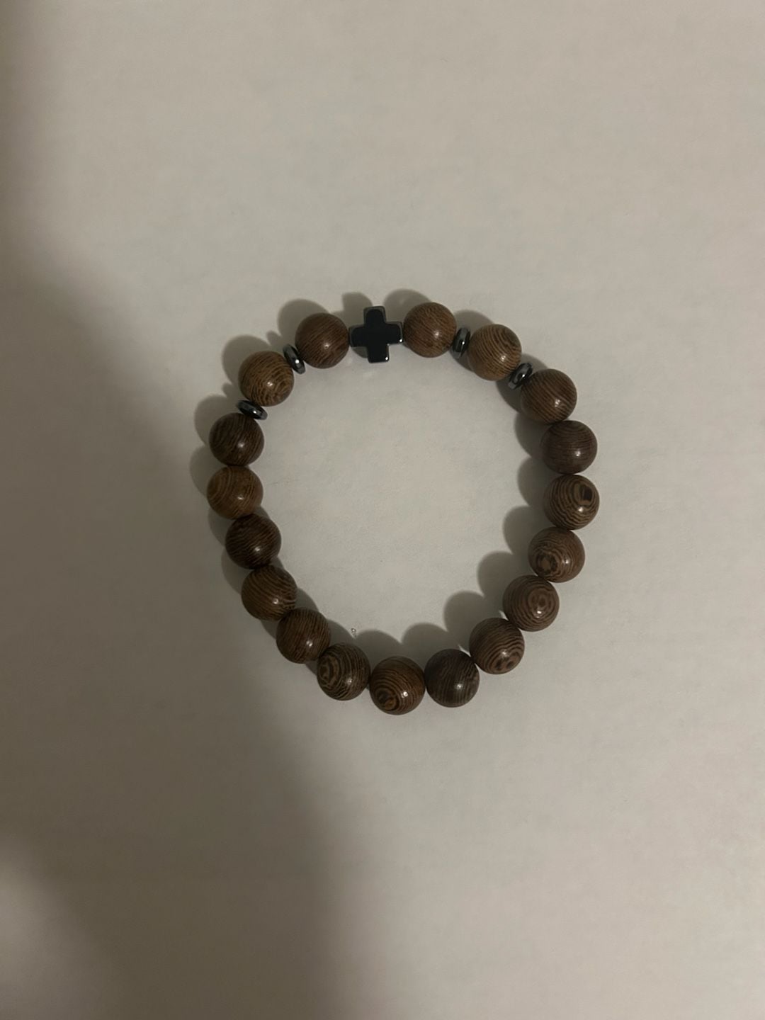 Natural Wood Bead Stretch Bracelet with Cross Charm 2