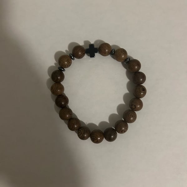 Natural Wood Bead Stretch Bracelet with Cross Charm