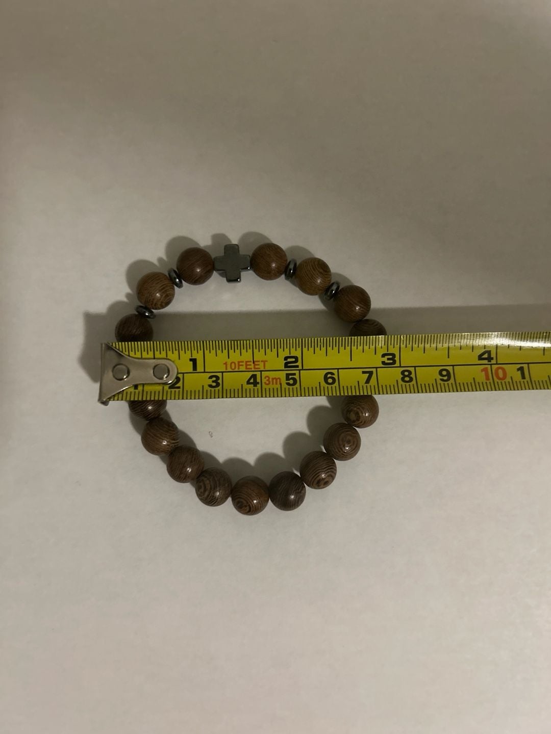 Natural Wood Bead Stretch Bracelet with Cross Charm 4
