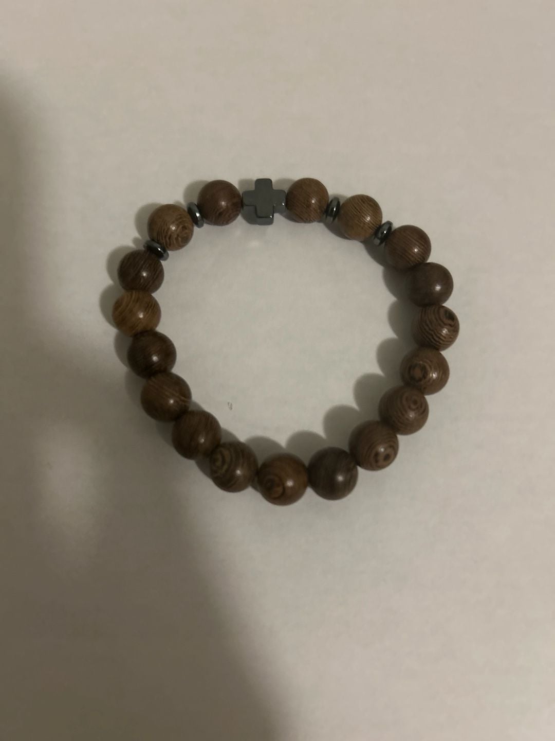 Natural Wood Bead Stretch Bracelet with Cross Charm 5