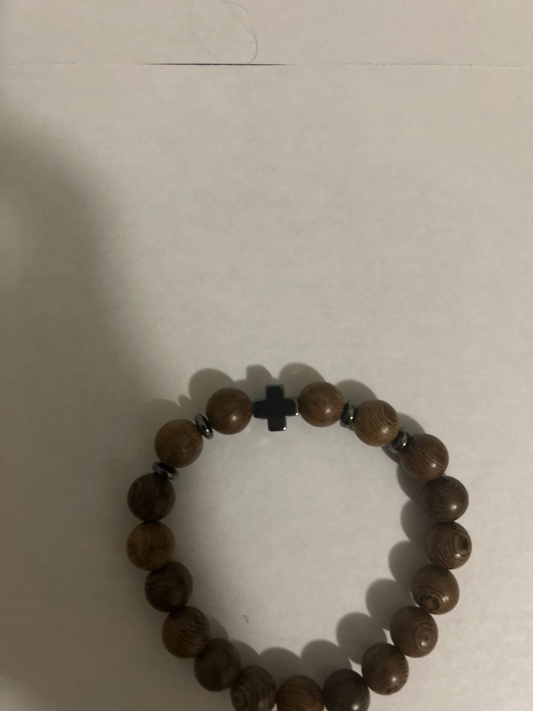 Natural Wood Bead Stretch Bracelet with Cross Charm 6