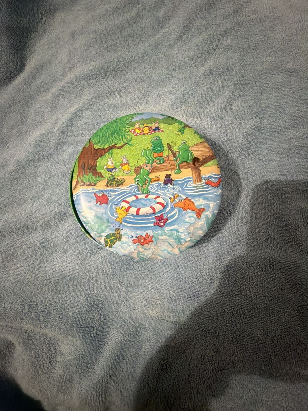 Keller Charles Round Collectible Tin Swimming Hole Frogs Bunny 1