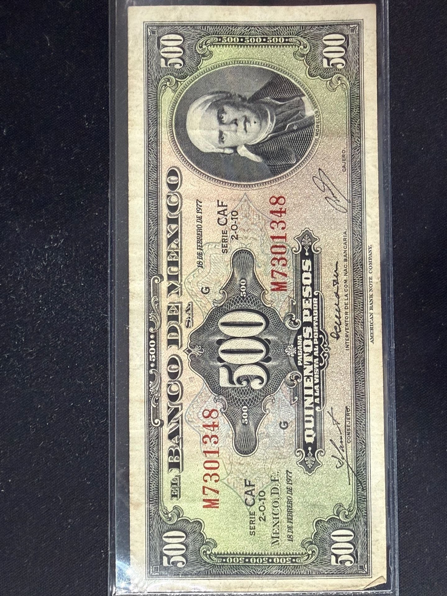 Banco de Mexico 500 Pesos Banknote 1977 Morelos Paper Money 1