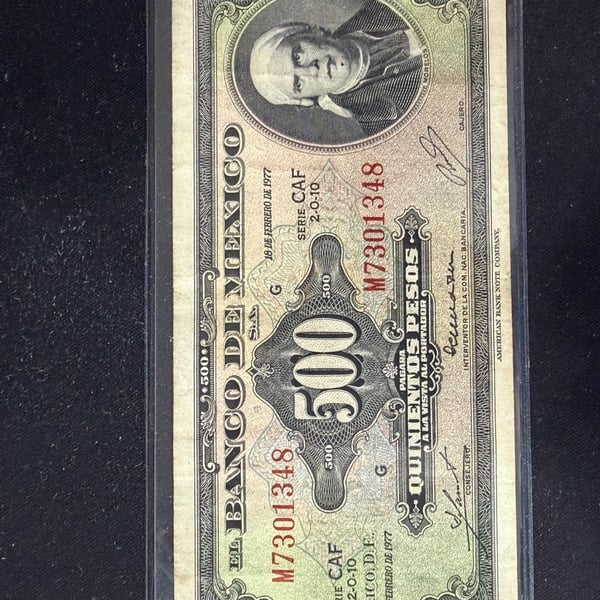 Banco de Mexico 500 Pesos Banknote 1977 Morelos Paper Money
