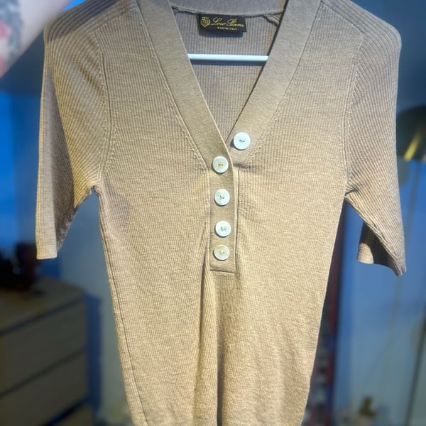 Loro Piana Ribbed Knit Henley Top Made in Italy Brown