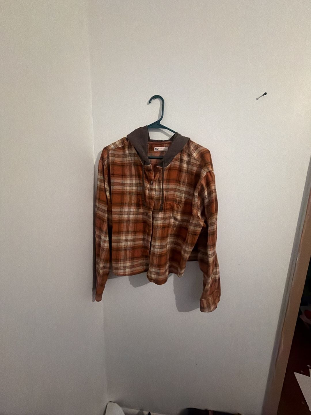 SO Hooded Flannel Shirt Size L Orange Plaid Long Sleeve Top 2