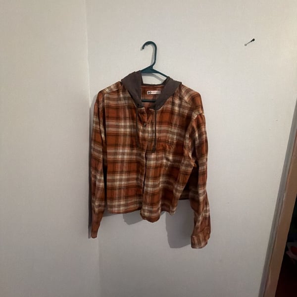 SO Hooded Flannel Shirt Size L Orange Plaid Long Sleeve Top