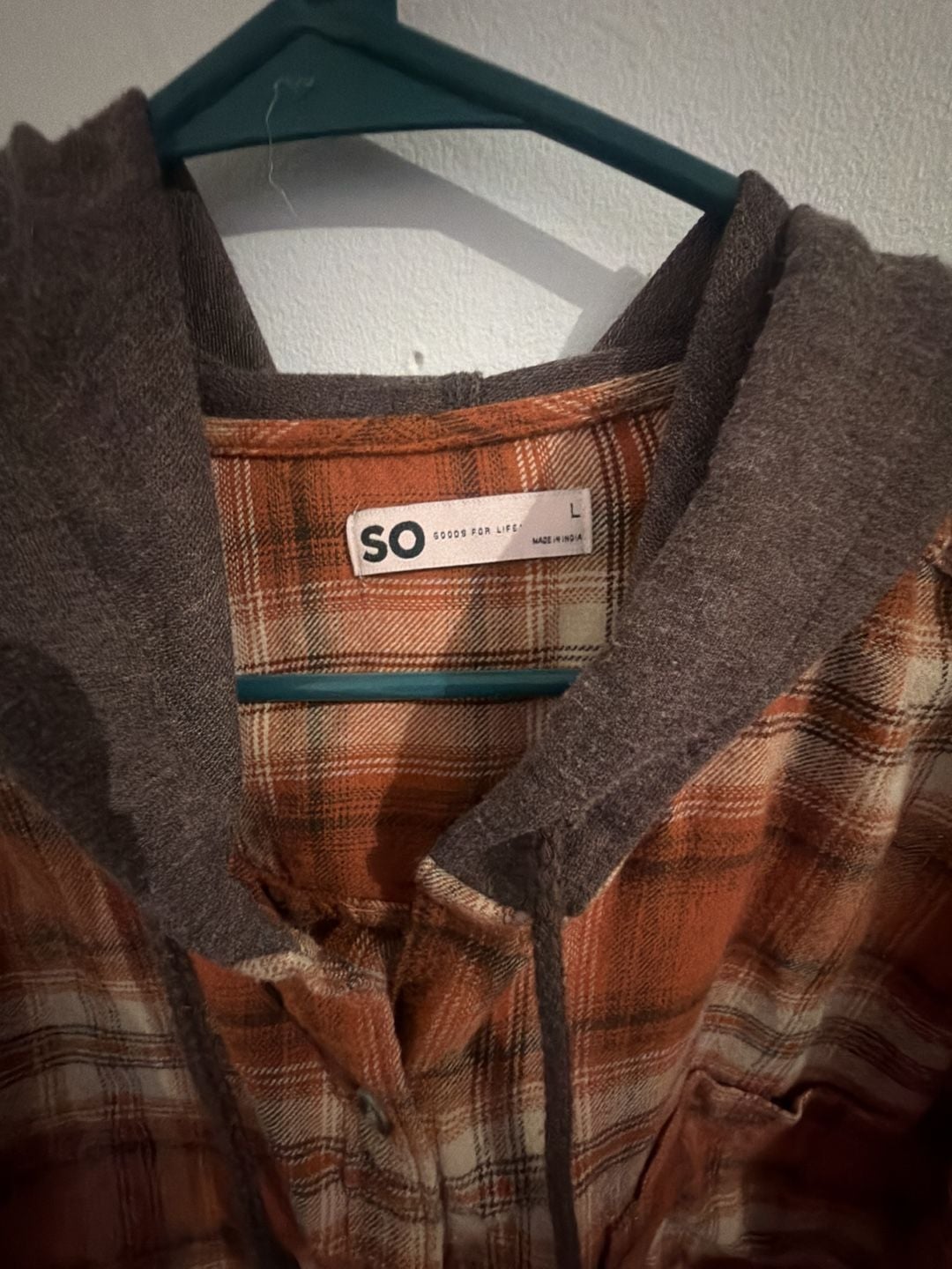 SO Hooded Flannel Shirt Size L Orange Plaid Long Sleeve Top 3