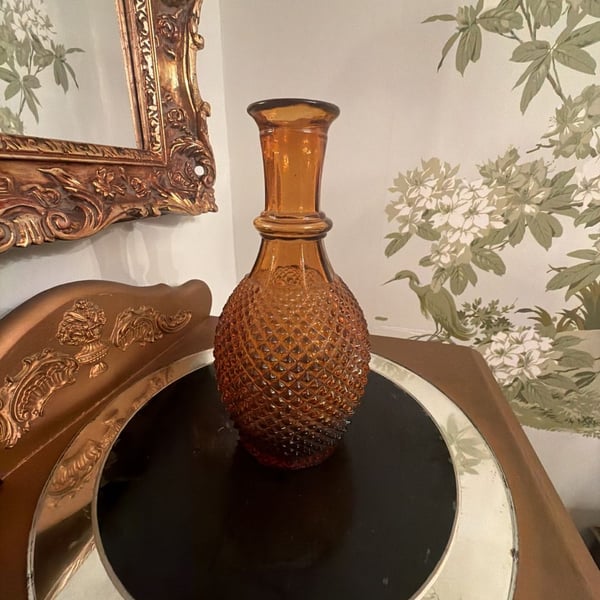 Empoli Vintage Amber Glass Decanter Genie Bottle Diamond Hobnail