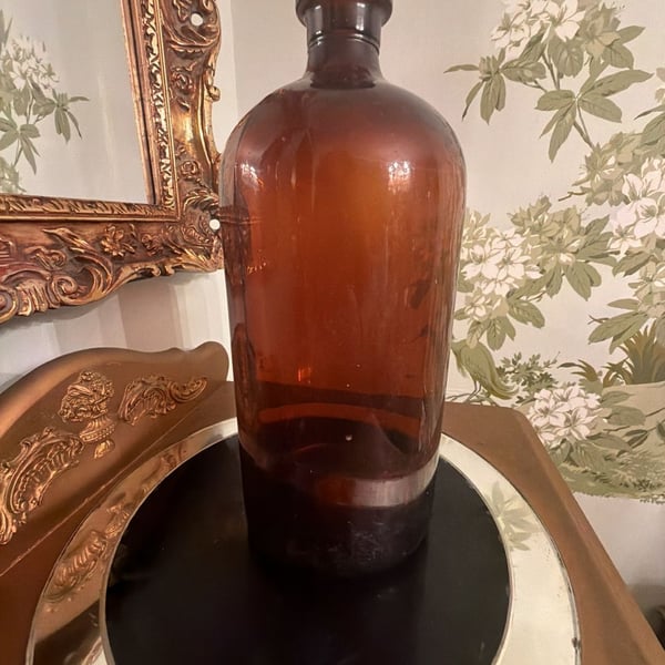 Vintage Large Amber Glass Apothecary Pharmacy Medicine Bottle Brown