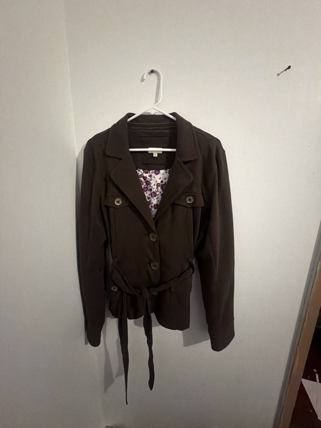 Maurices Belted Jacket Size XL Brown Floral Lined Trench Coat 2