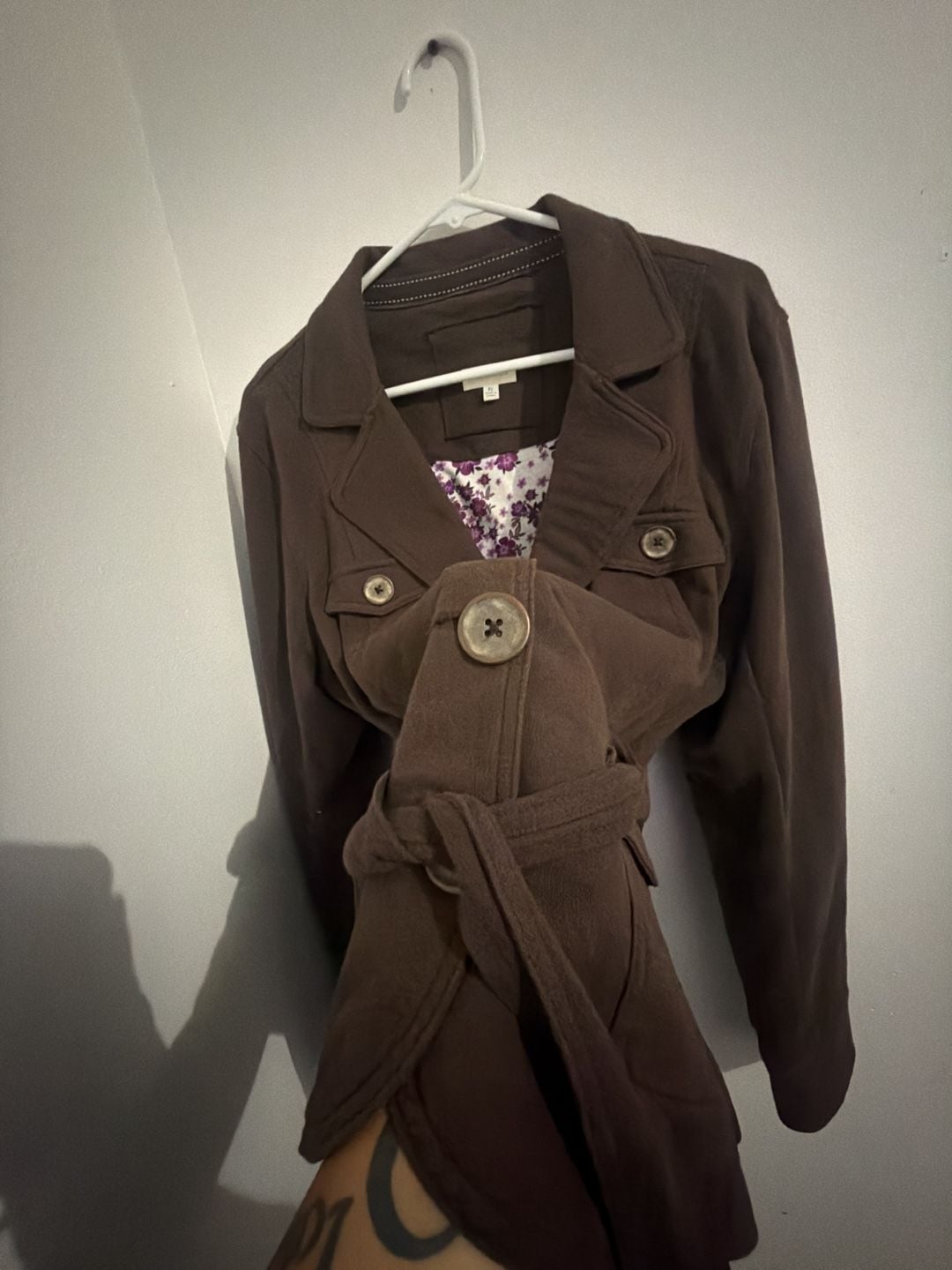 Maurices Belted Jacket Size XL Brown Floral Lined Trench Coat 5