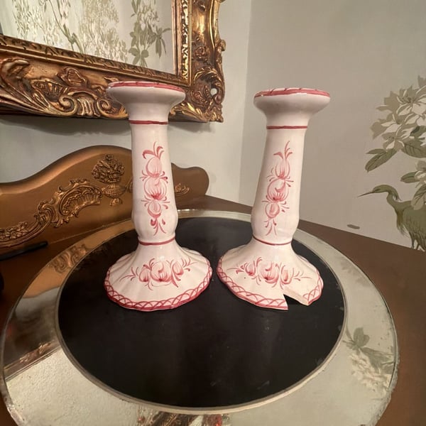 Jay Willfred Andrea by Sadek Ceramic Candlestick Holders Pair Red Floral