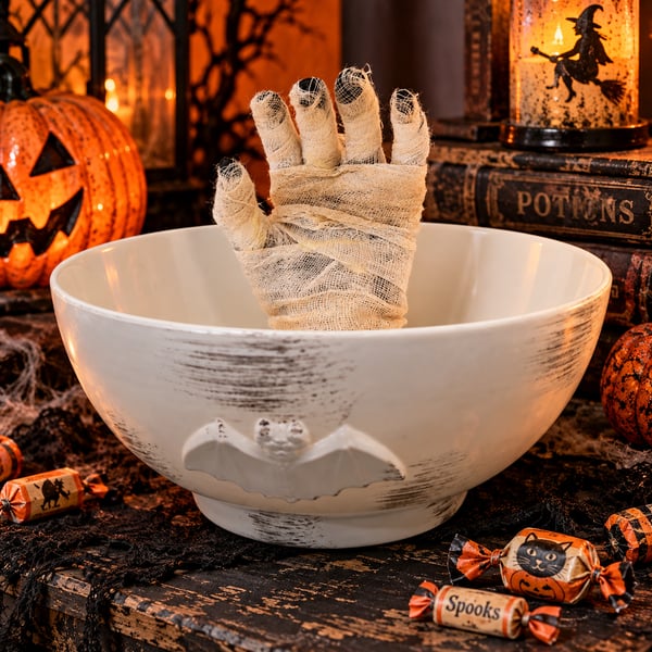 Gemmy Animated Mummy Hand 9β Candy Bowl Halloween Decor Bat Treat Dish WORKS