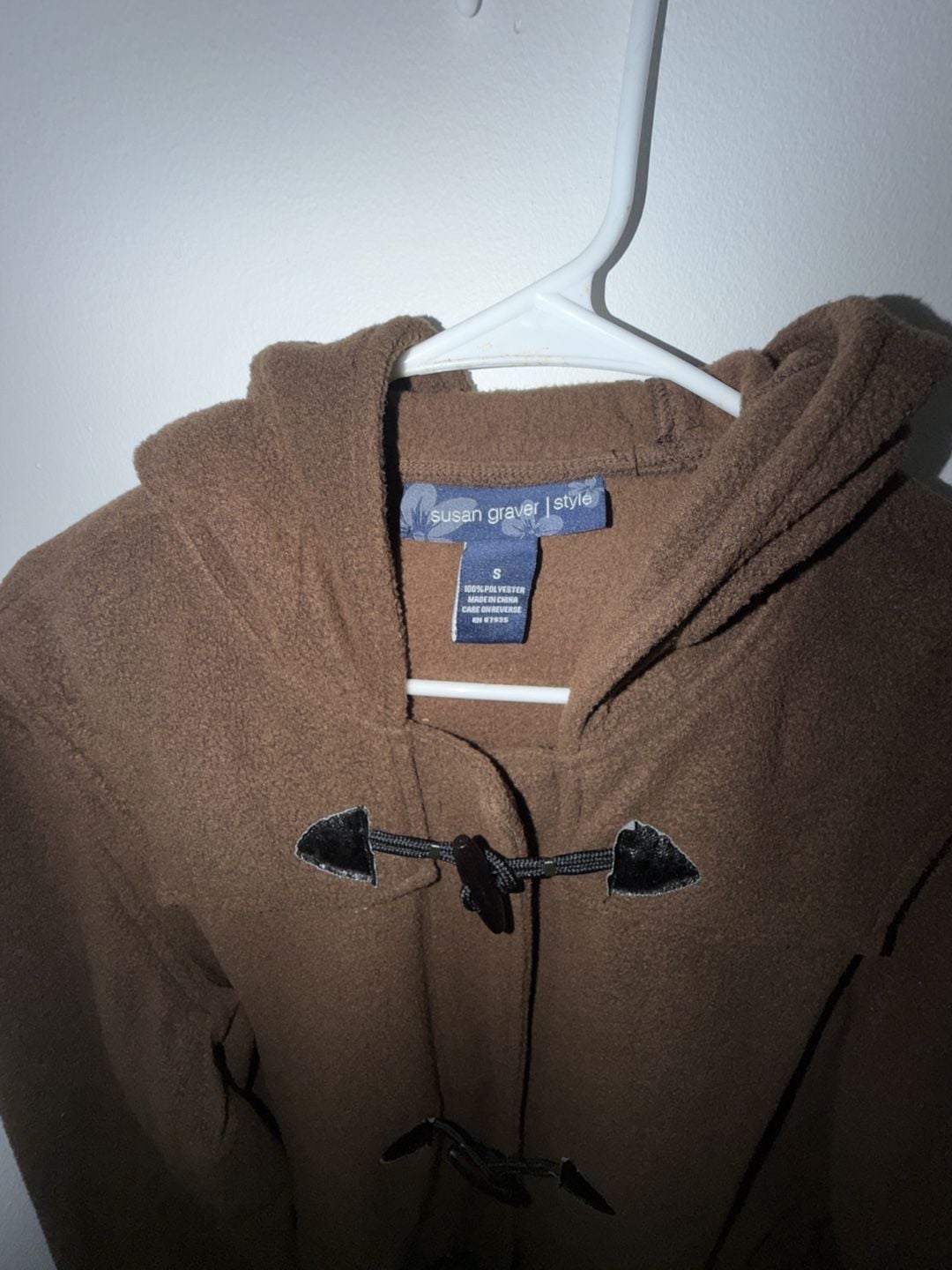 Susan Graver Fleece Duffle Coat Size S Brown Toggle Hooded Jacket 3