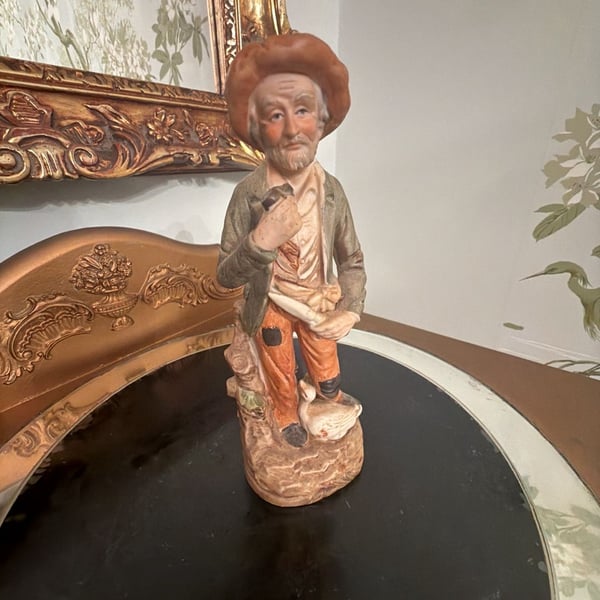 Vintage Ceramic Old Man Farmer Figurine with Pipe and Goose Made in Japan