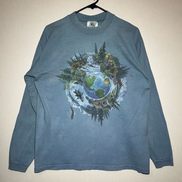 Vintage Earthly Concerns Nature Graphic Long Sleeve Shirt Large Blue