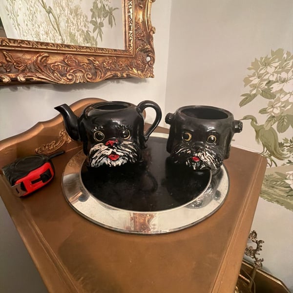 Vintage Anthropomorphic Black Dog Teapot and Sugar Bowl Set Ceramic