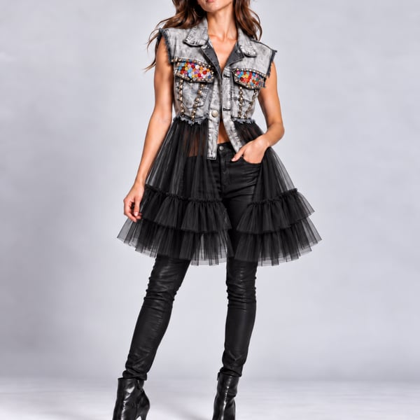 HALFHEART Denim Vest with Rhinestones Studs and Tulle Ruffle Hem
