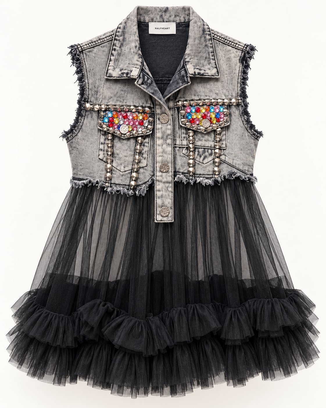 HALFHEART Denim Vest with Rhinestones Studs and Tulle Ruffle Hem 3