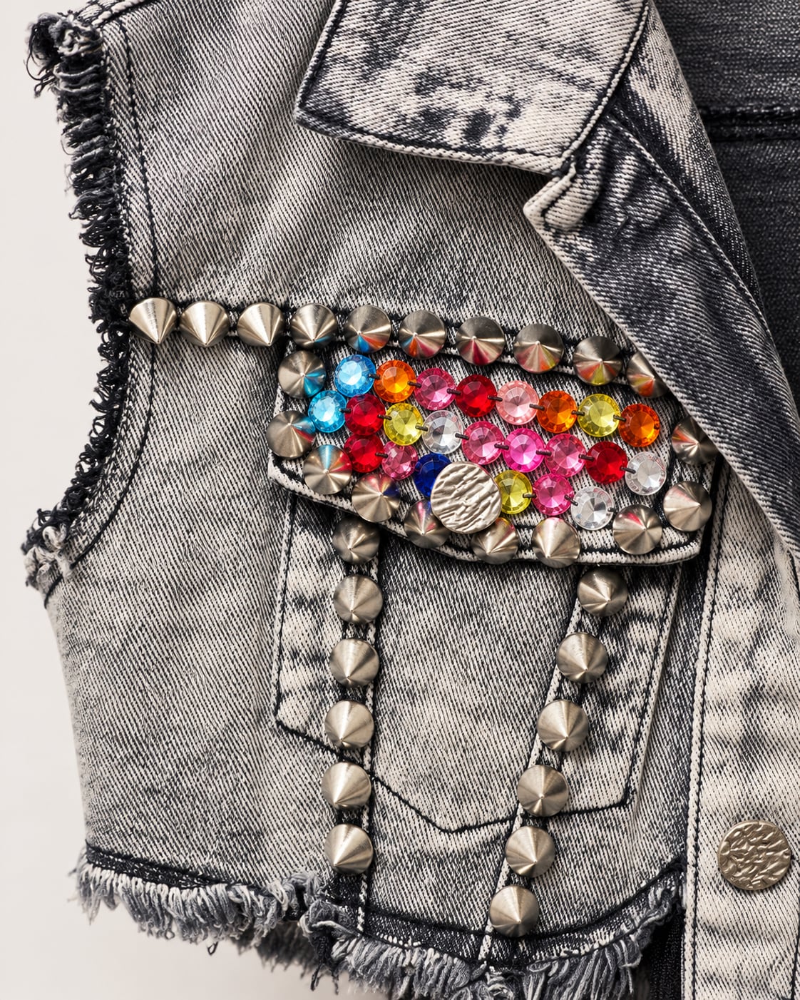 HALFHEART Denim Vest with Rhinestones Studs and Tulle Ruffle Hem 4