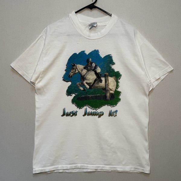 Vintage 90s Graphic Tee Men's Horse Racing Jumping Over Pocket